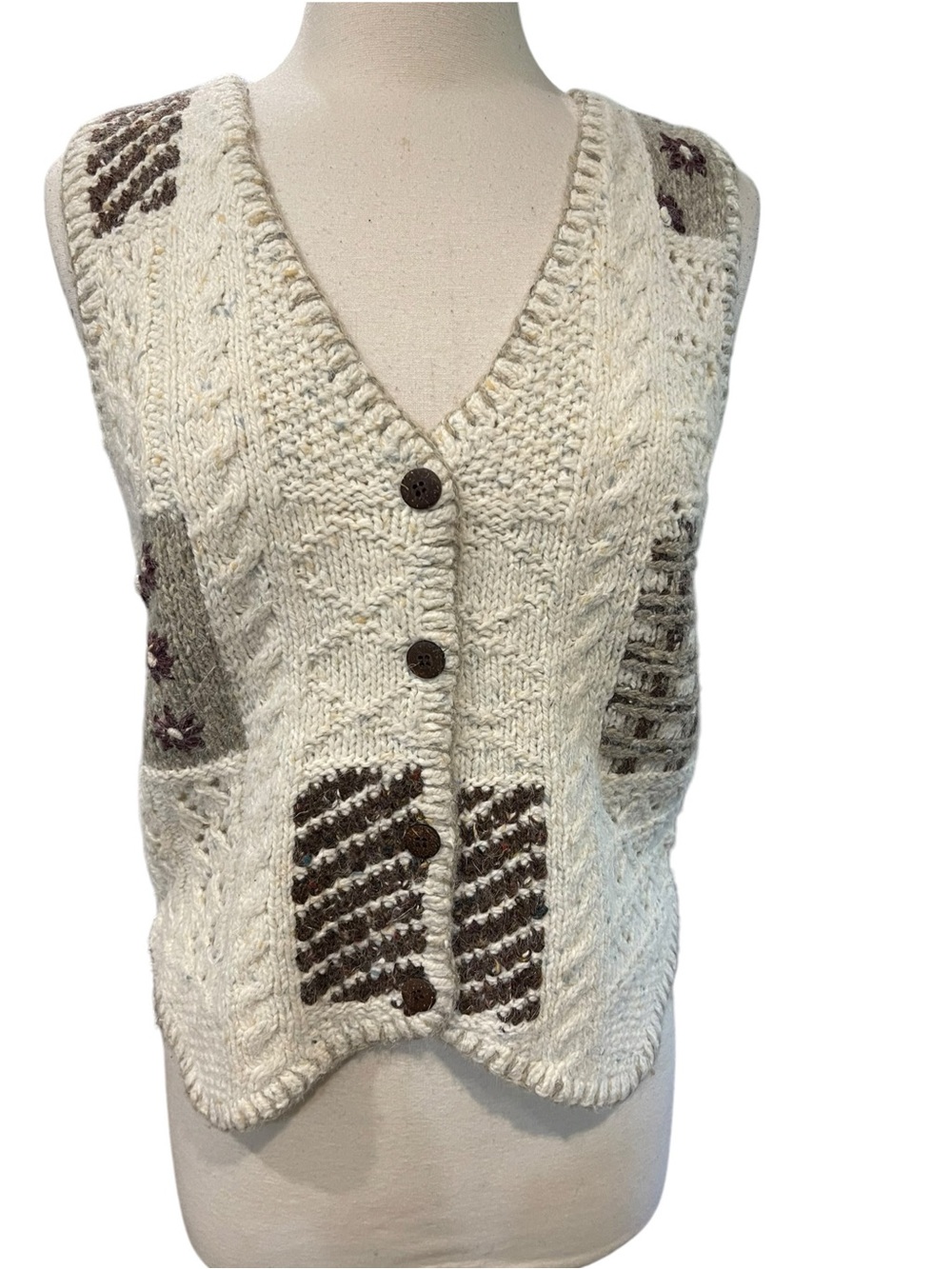 Vintage Orvis Hand Knit Patchwork Sweater Vest Cottage Core Cream Brown SZ 8